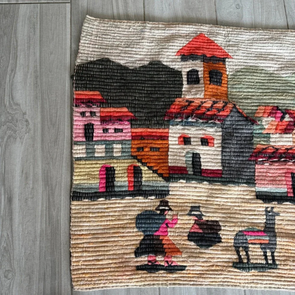 VTG Peruvian Woven 1970s Tapestry Multi Village Llama Wall Art 37